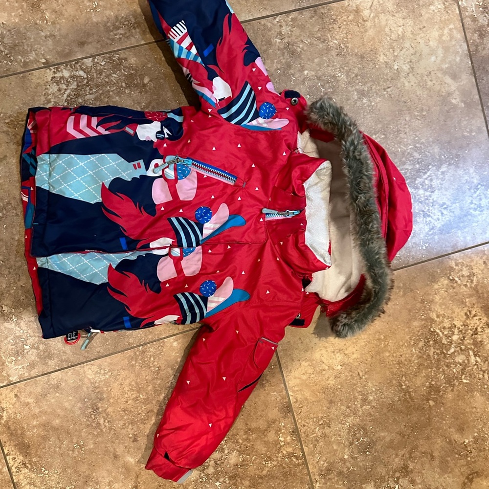 Deuxpardeux snowsuit, jacadi hat and scarf, canada made gloves